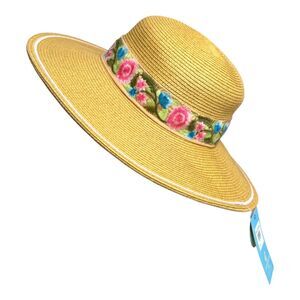 Caribbean Joe Woven Raffia UPF 50+ Wide Brim Sun Hat Floral One Size NEW